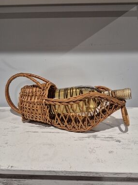 Vintage Wicker Wine Bottle Cradle Basket Handwoven Rattan